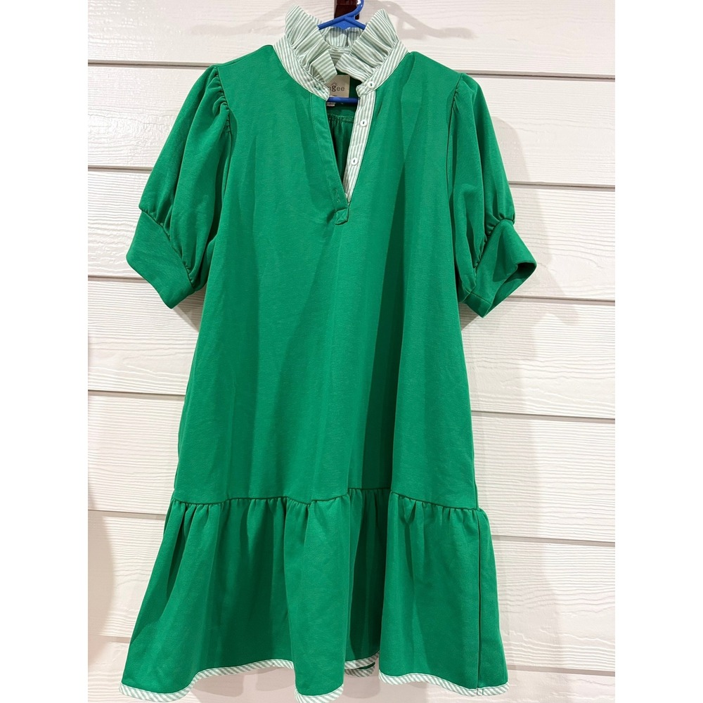 B- 044- Umgee Womens Green Ruffle Collar Puff Sleeve Tiered Mini Dress Large